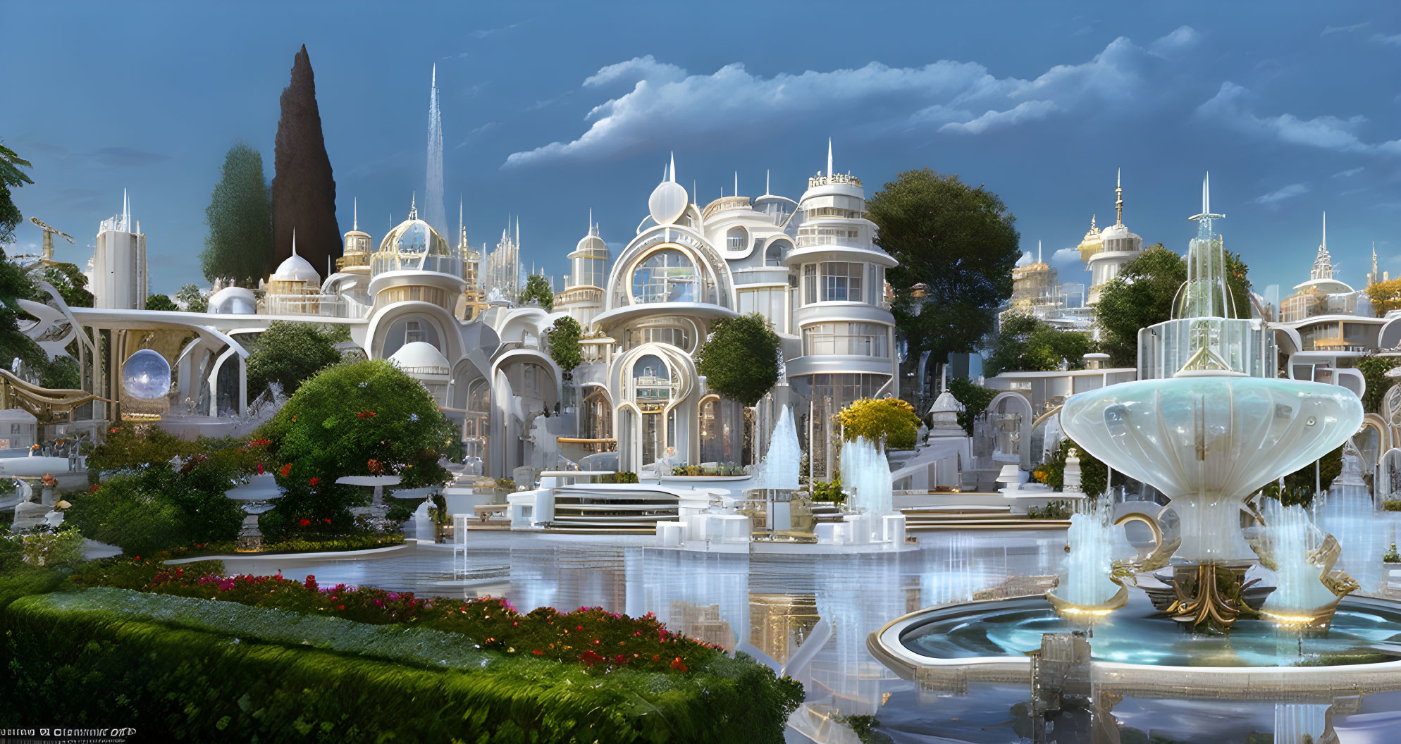 Futuristic cityscape with white buildings, domes, spires, greenery, and fountain