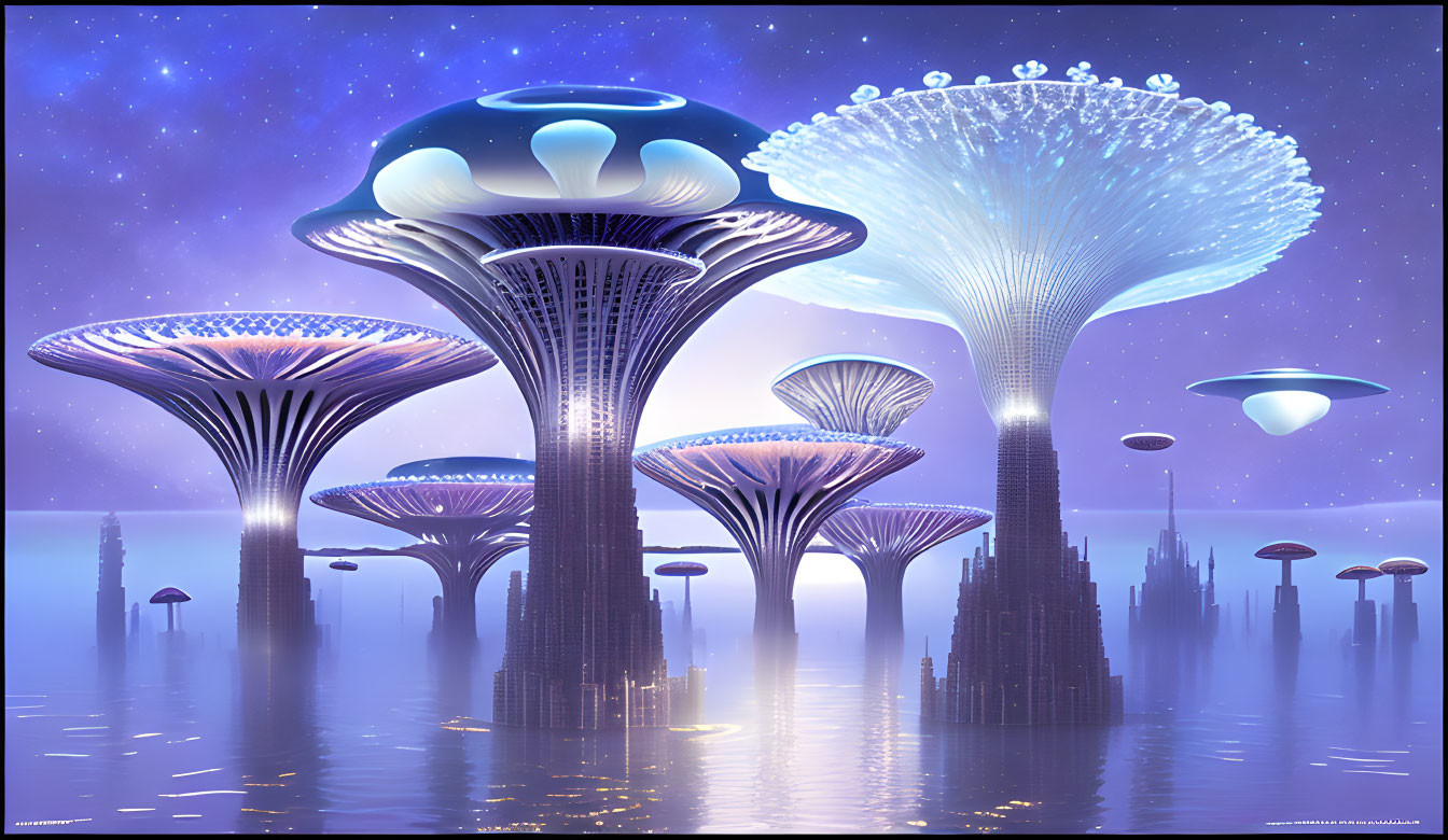 Futuristic cityscape with mushroom-like structures and flying saucer-like vehicles in misty ambiance under