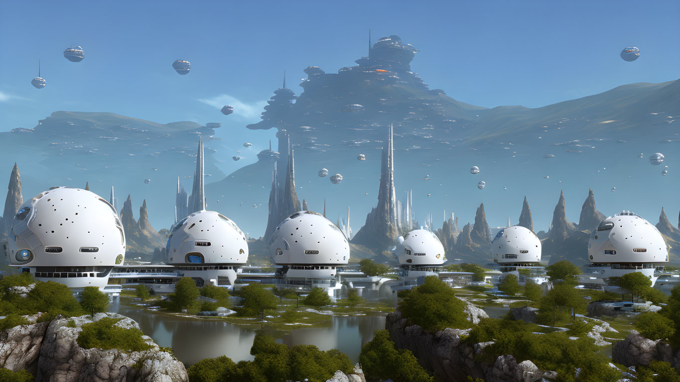 Futuristic cityscape with domes, floating vehicles, mountains, clear sky