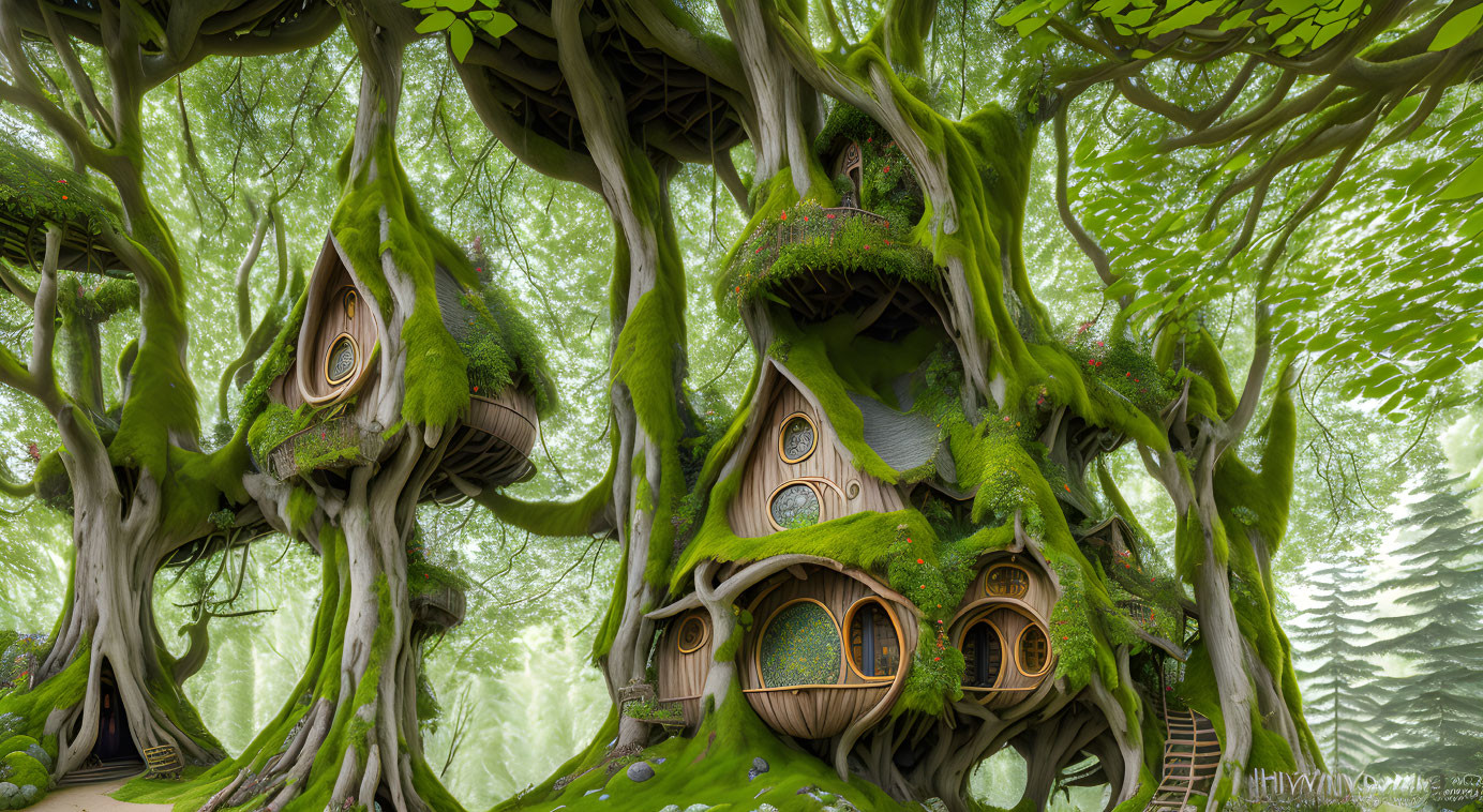 Whimsical treehouses in enchanted forest with round doors and windows