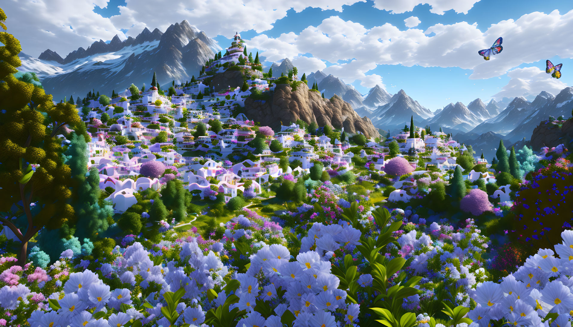 Colorful Fantasy Landscape with Village, Flowers, Mountains, and Butterflies