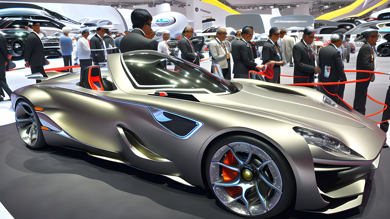 Silver Sports Car Displayed at Auto Show with Onlookers and Car Models