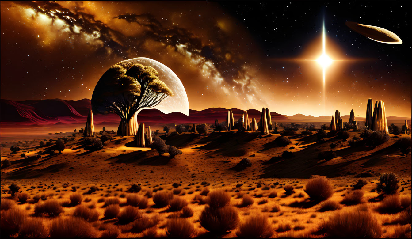 Fantastical desert landscape with large tree, mountains, and star-filled sky