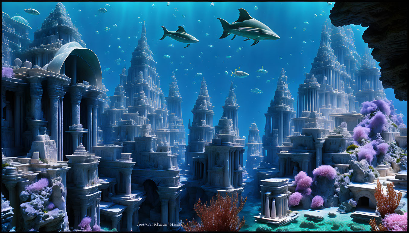 Fantasy underwater city with coral formations and fish in clear blue water