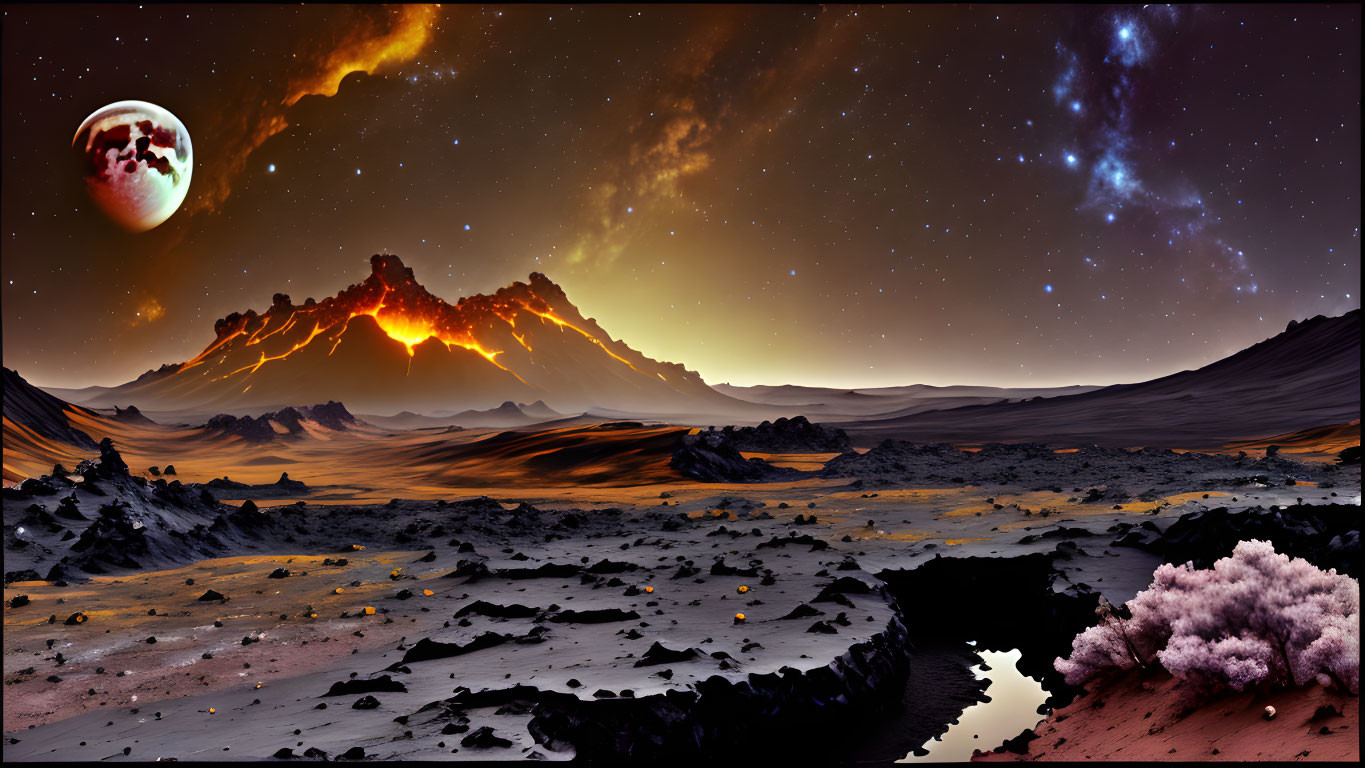 Alien landscape with mountains, starlit sky, planet, and serene water.