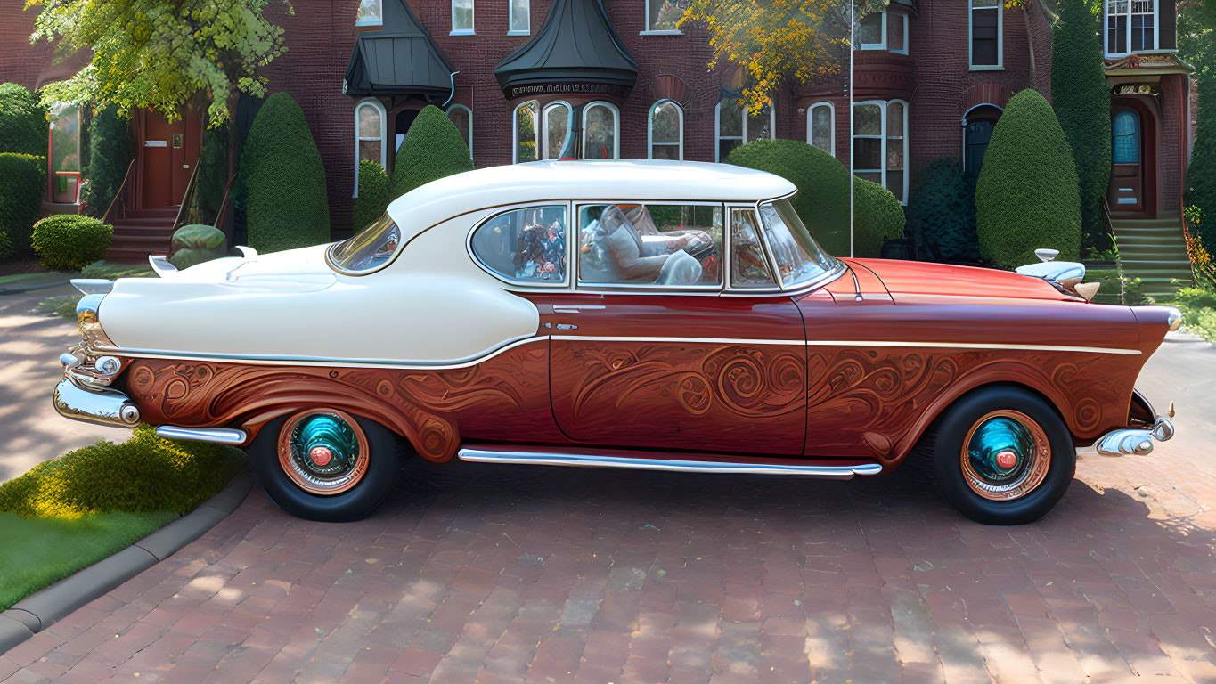 Vintage car with white top and wood paneling parked by red brick houses, showing two people inside.