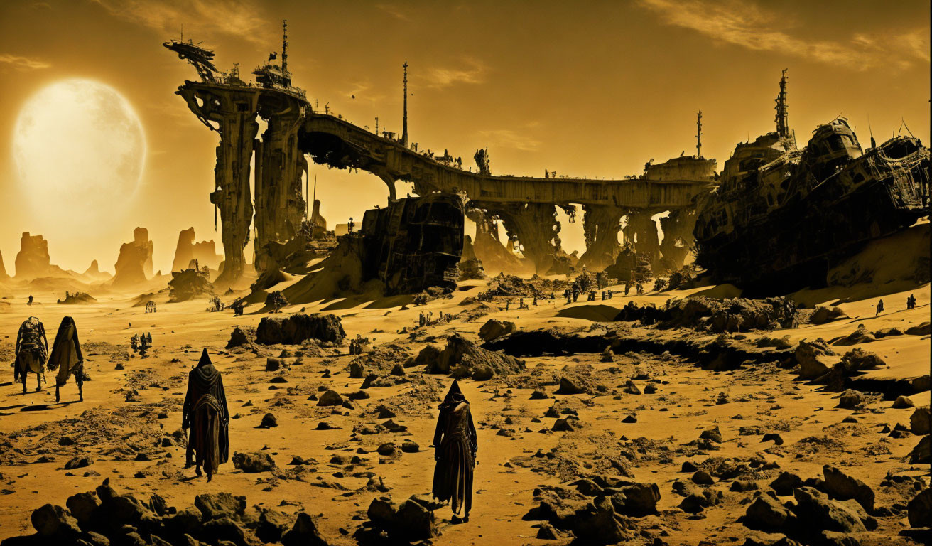 Barren alien landscape with travelers, ruins, and hazy yellow sky