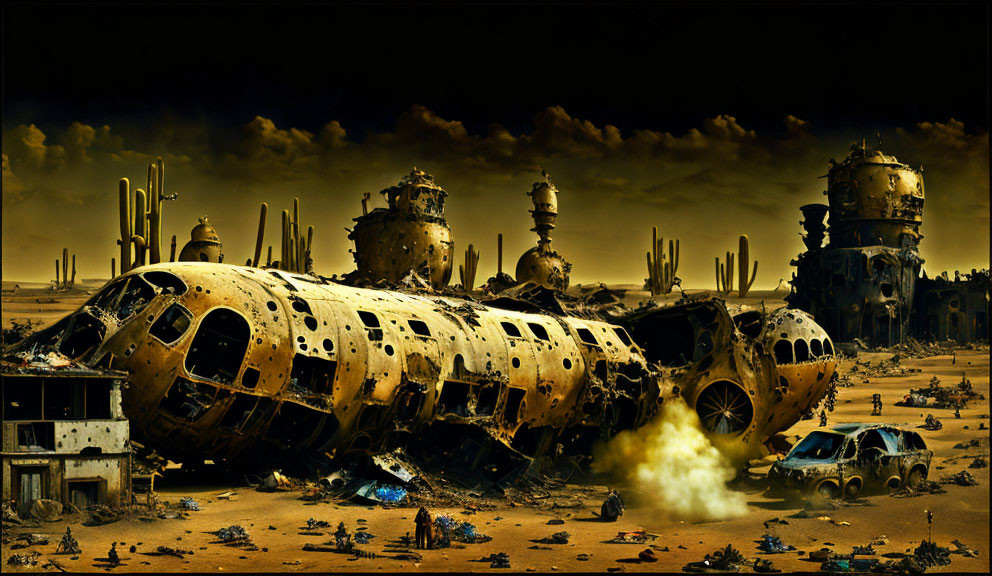 Desolate post-apocalyptic desert scene with decaying airplane and abandoned ruins.