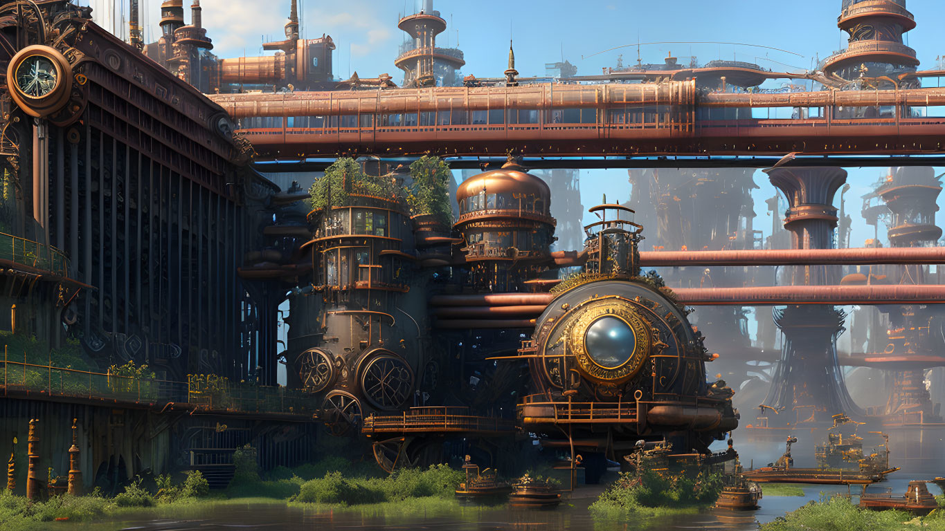 Intricate steampunk cityscape with industrial buildings and pipes