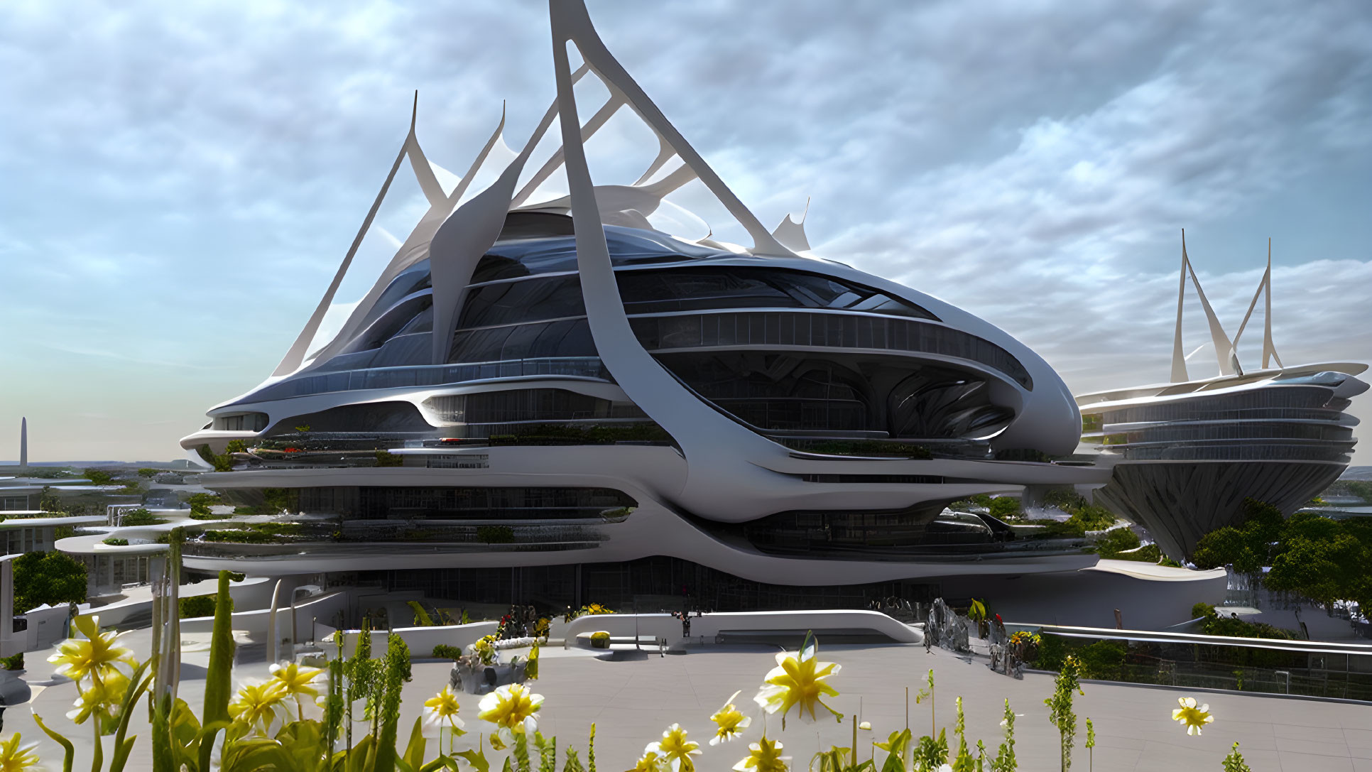 Futuristic building with white arches and landscaped gardens