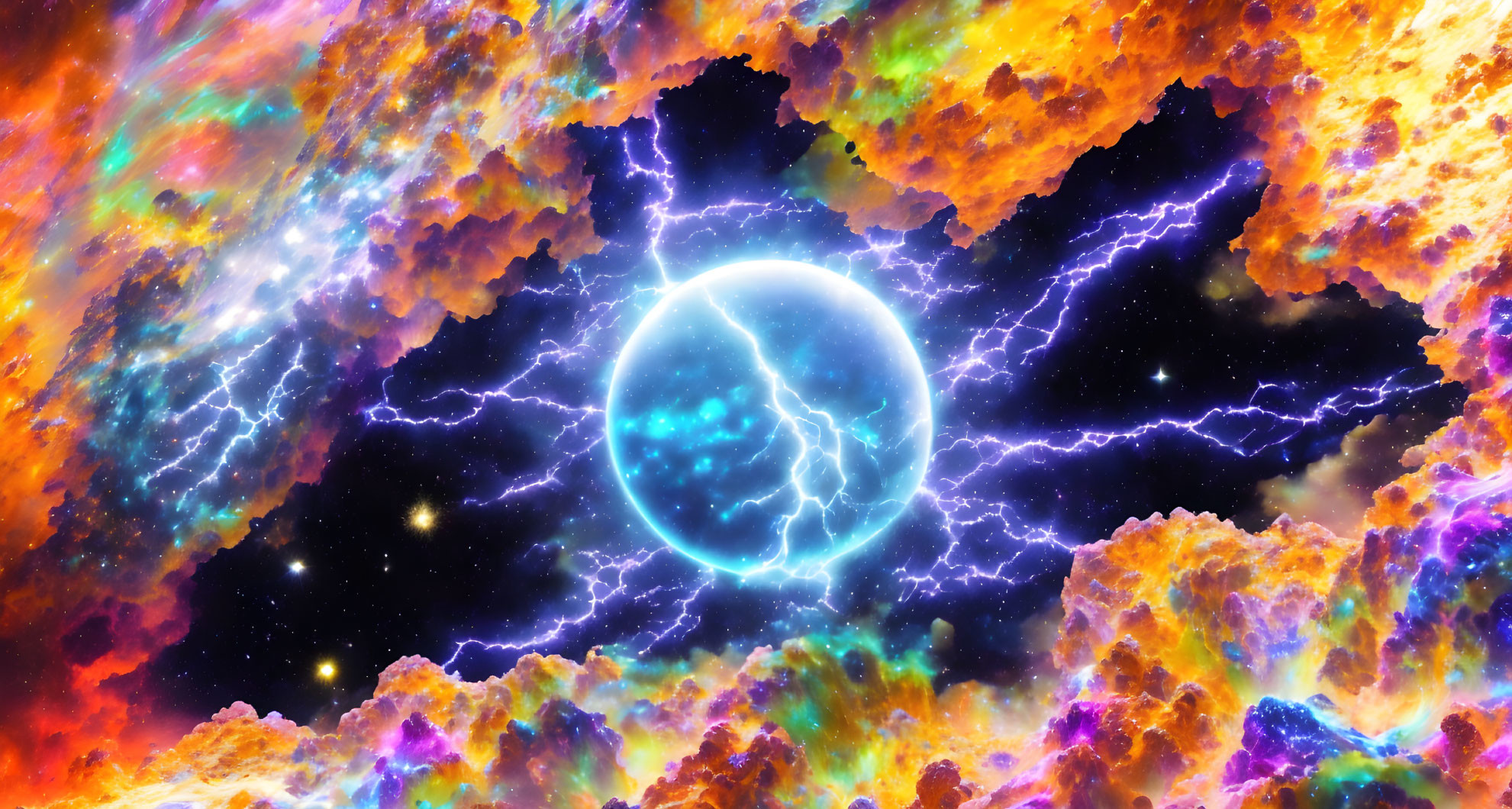 Colorful cosmic scene with glowing blue planet and purple lightning.