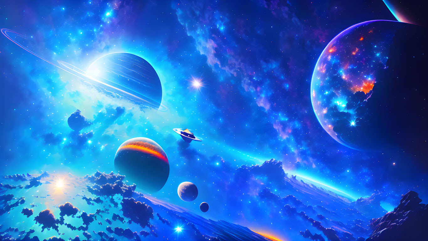 Colorful cosmic scene with planets, gas giant, spaceship, and nebula