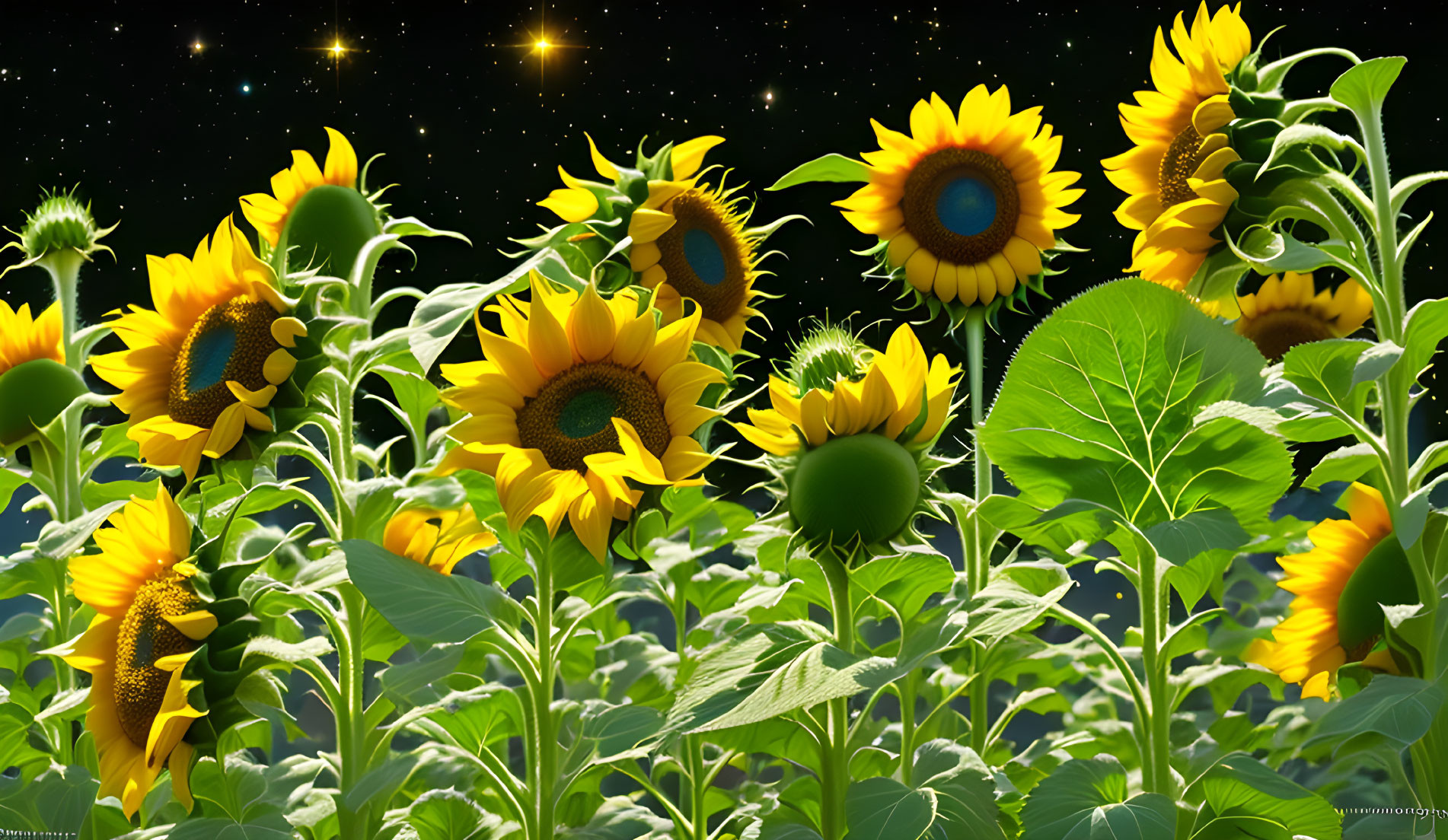 Field of Sunflowers Under Starry Night Sky - Prominent Blooms and Lush Green Leaves