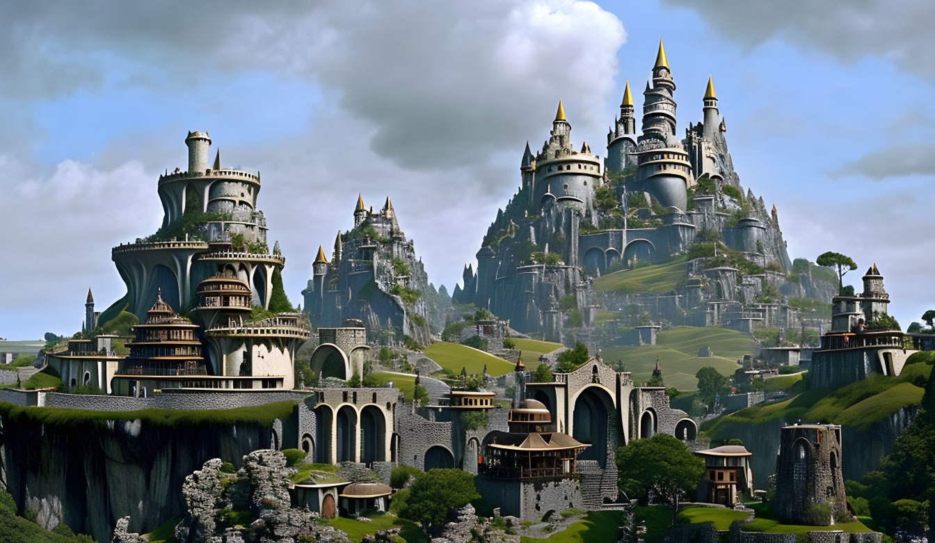 Fantasy castle with towers and spires on green hills