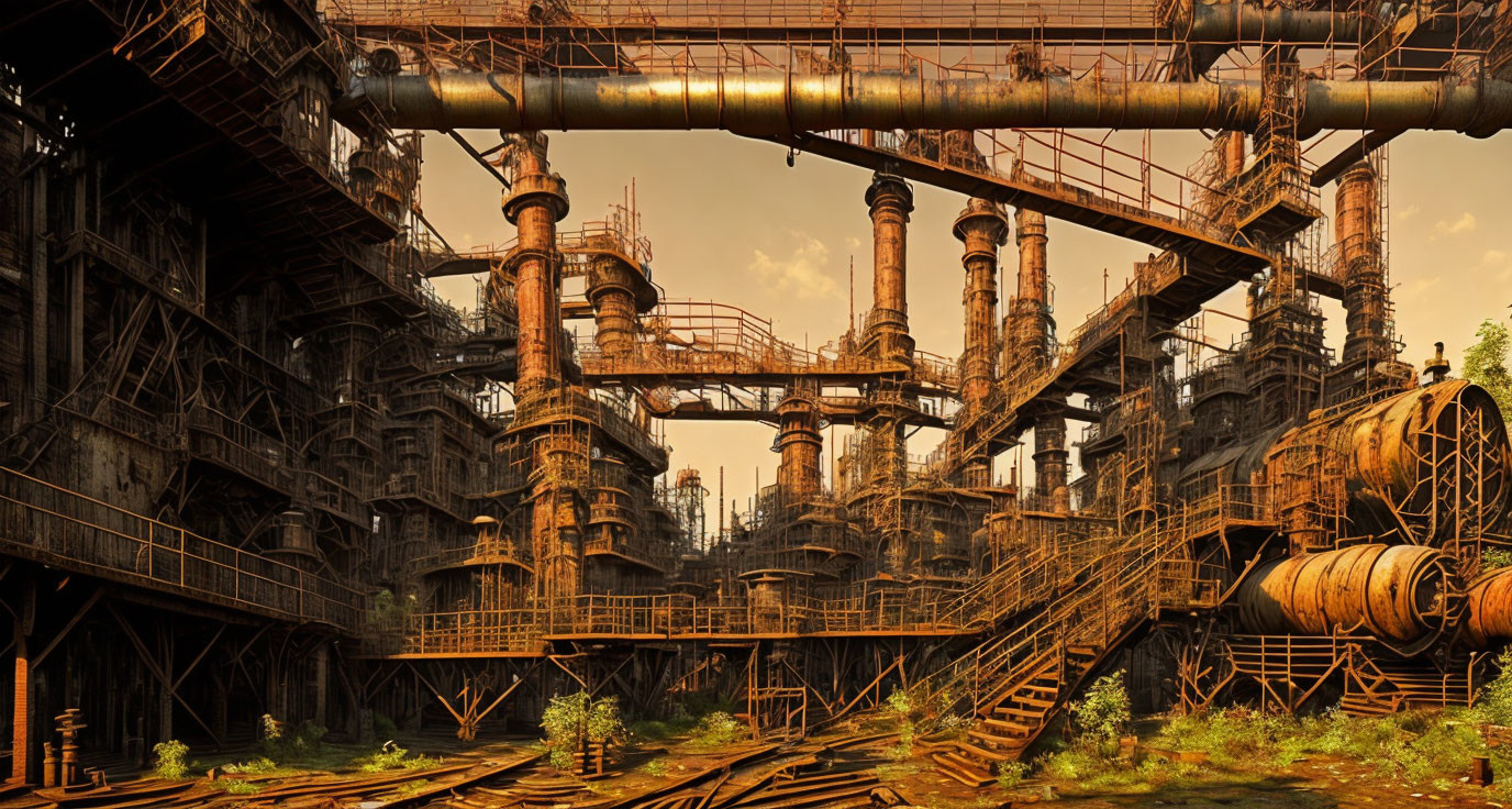 Abandoned industrial site with rusting structures and pipelines.