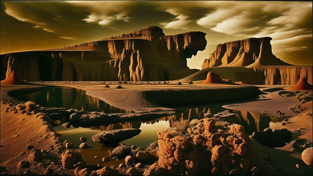 Surreal landscape with towering rocks and reflective water