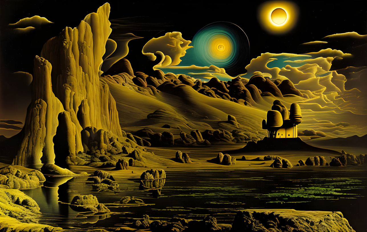 Surreal landscape with towering rocks, glowing house, boat, two moons, and swirling clouds.