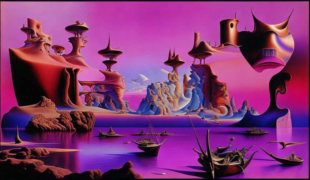 Vibrant surreal landscape: melting structures, boats, abstract figures in purple-pink sky