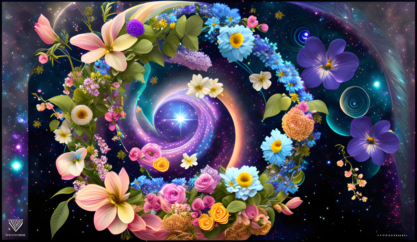 Colorful digital artwork: Cosmic background, swirling galaxies, stars, and blooming flower wreath