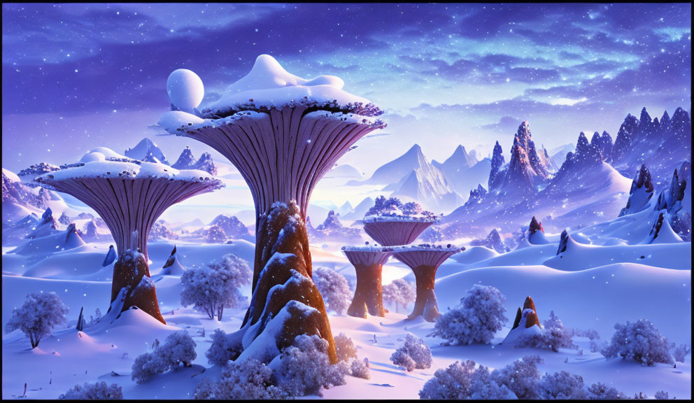 Snowy Landscape with Mushroom-like Trees and Starry Sky at Dusk