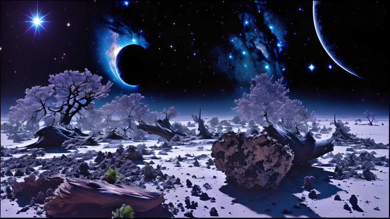 Snow-covered trees under starry sky with celestial eclipse