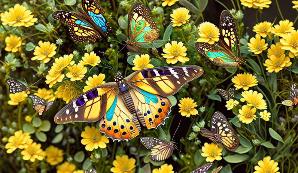 Vibrant butterflies and yellow flowers in nature.