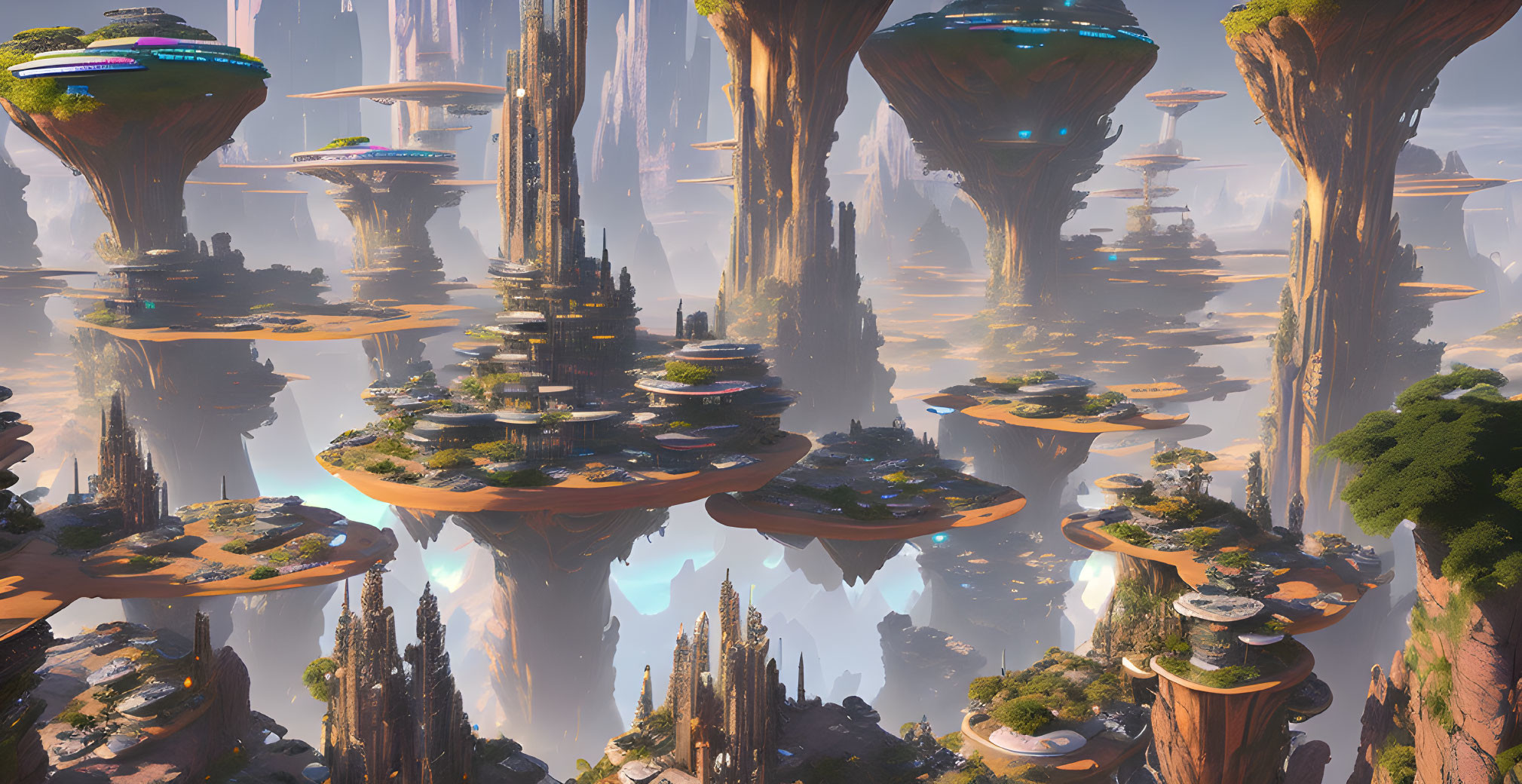 Fantastical landscape with towering rock formations and floating islands amid lush greenery and futuristic structures on a