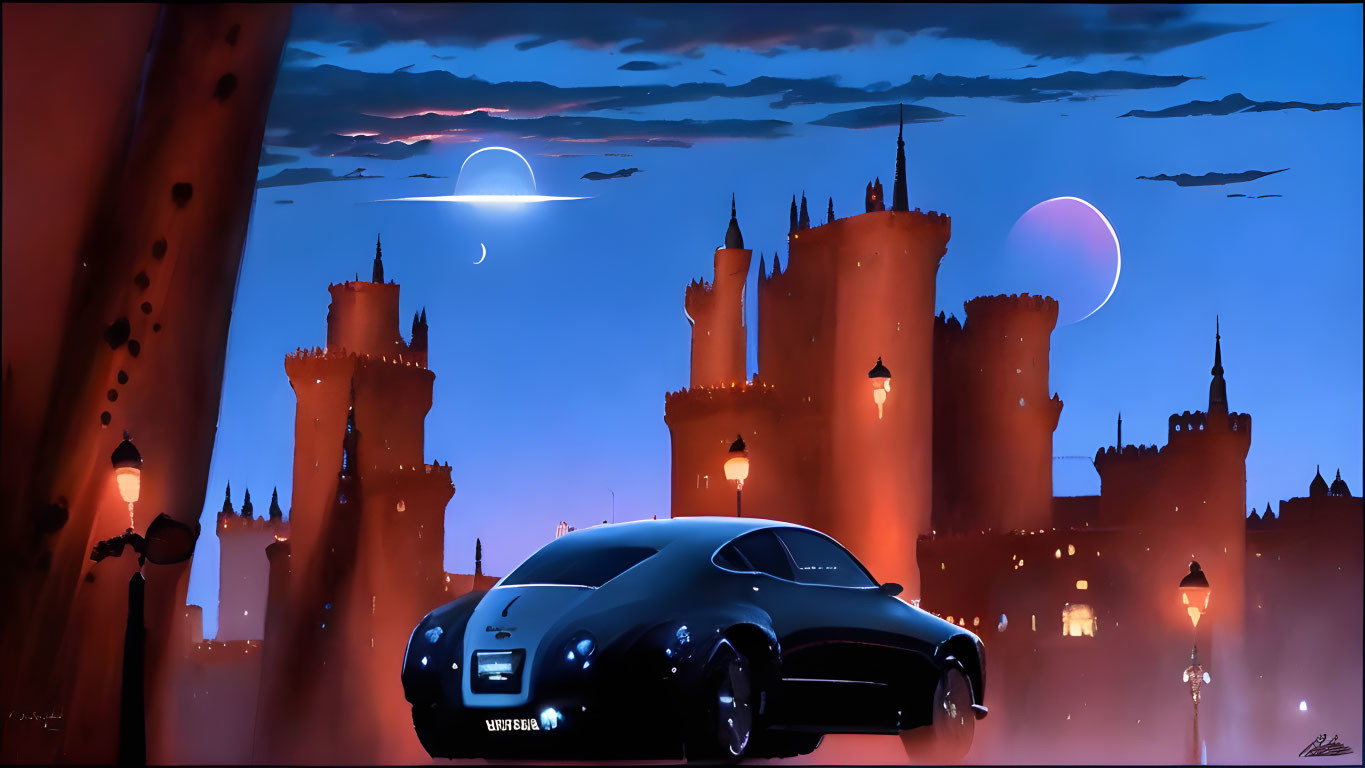 Black car parked in front of futuristic castle with multiple moons in dusky sky