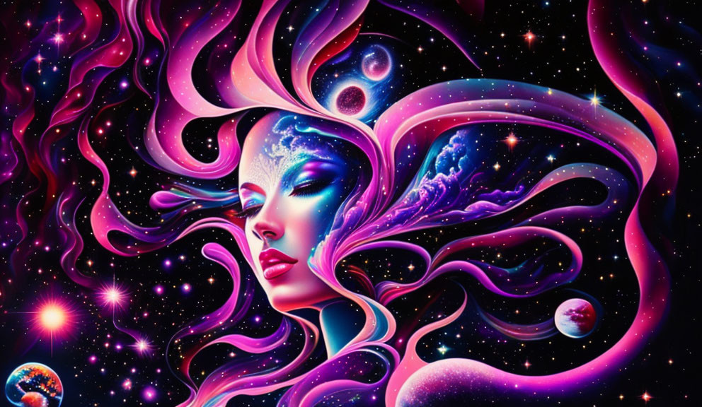 Colorful cosmic illustration of a woman with pink and purple hair in space.