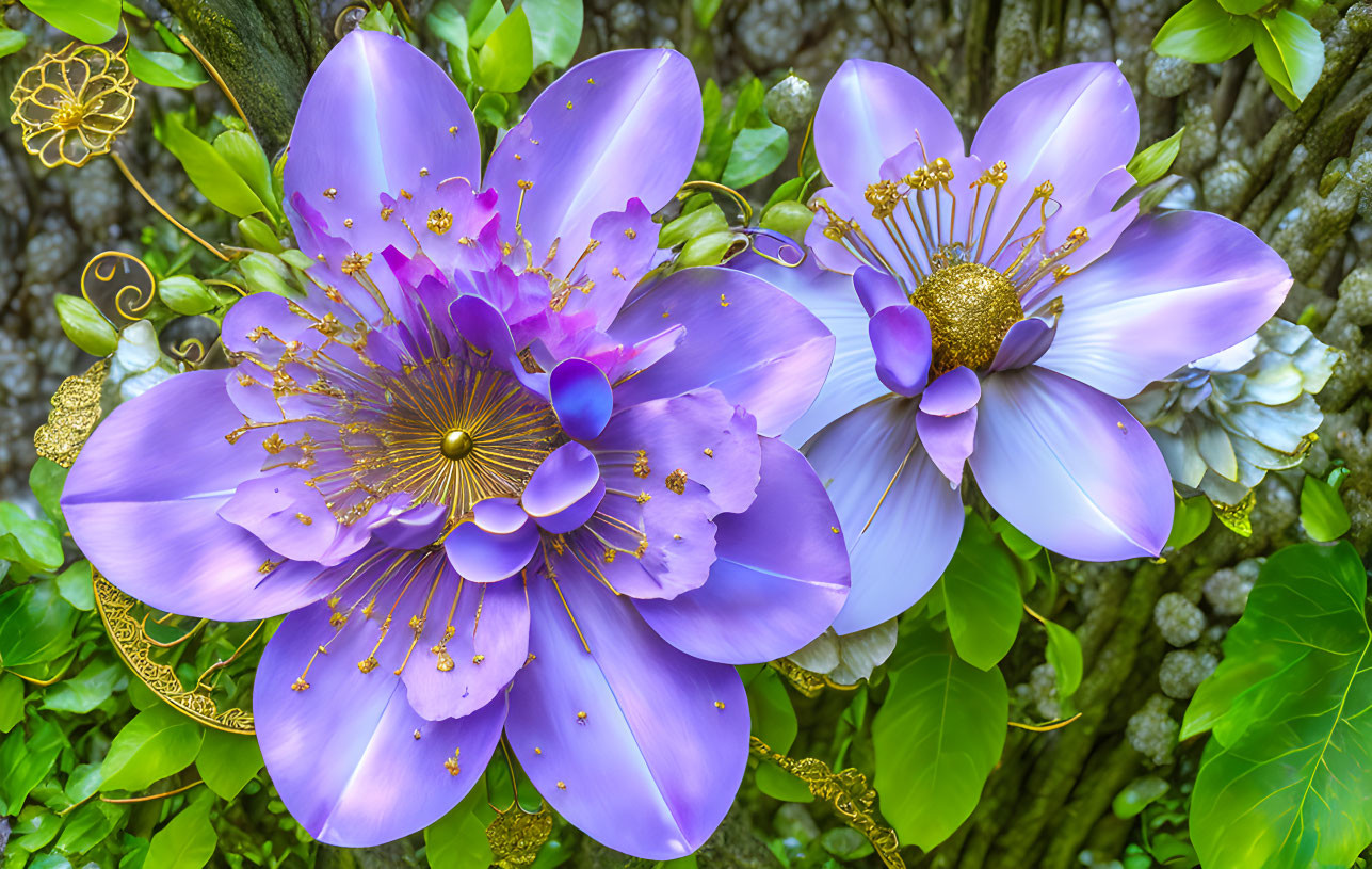 Colorful digital artwork featuring large purple flowers with golden accents against a backdrop of green foliage.