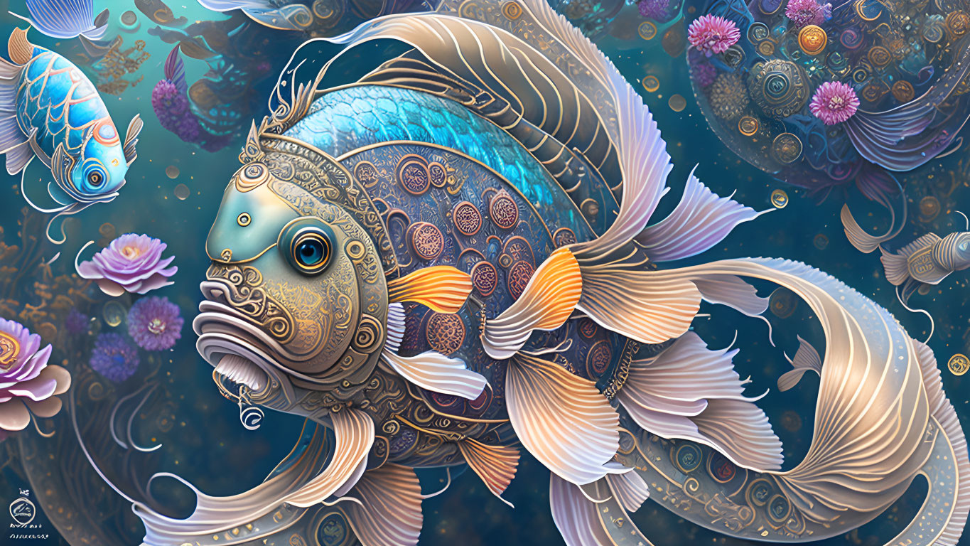 Colorful digital artwork: Ornamental fish with intricate patterns and fantastical aquatic flora.