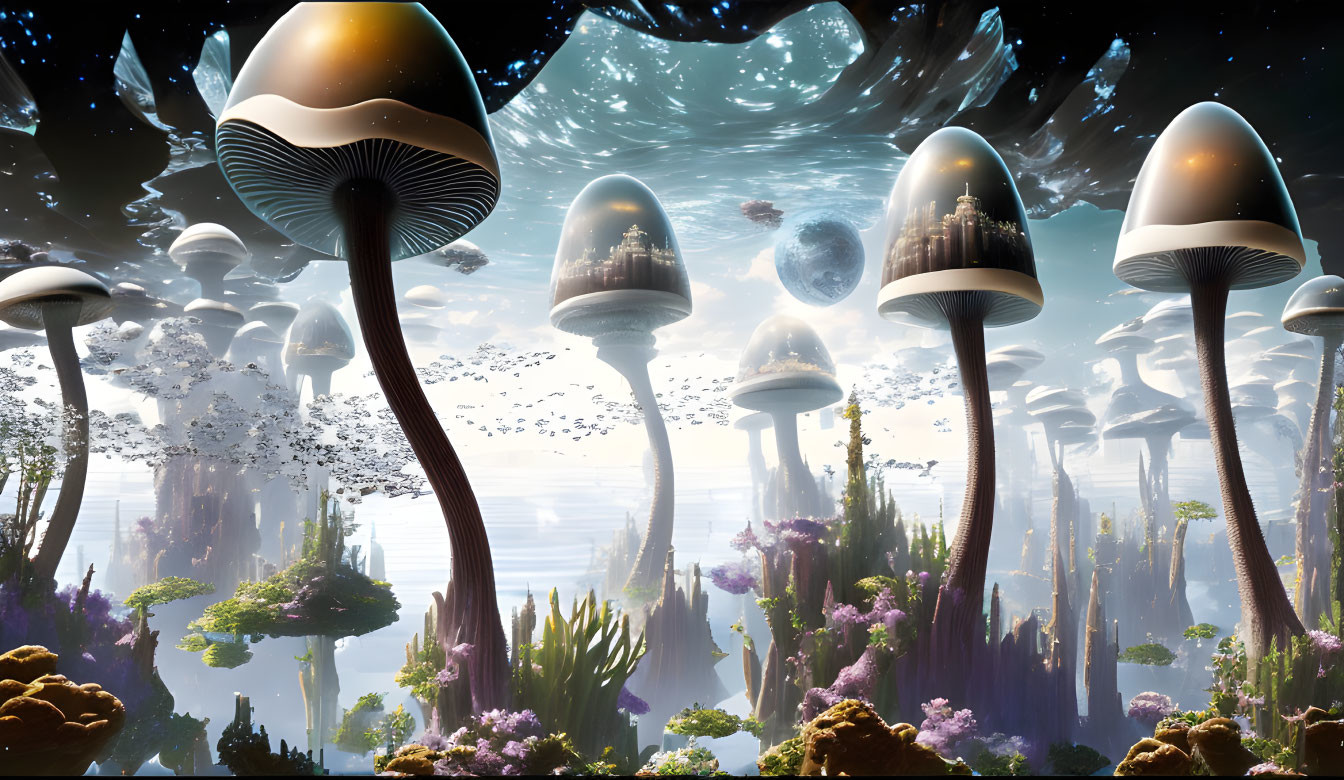 Fantastical Landscape with Mushroom-like Structures and Celestial Sky