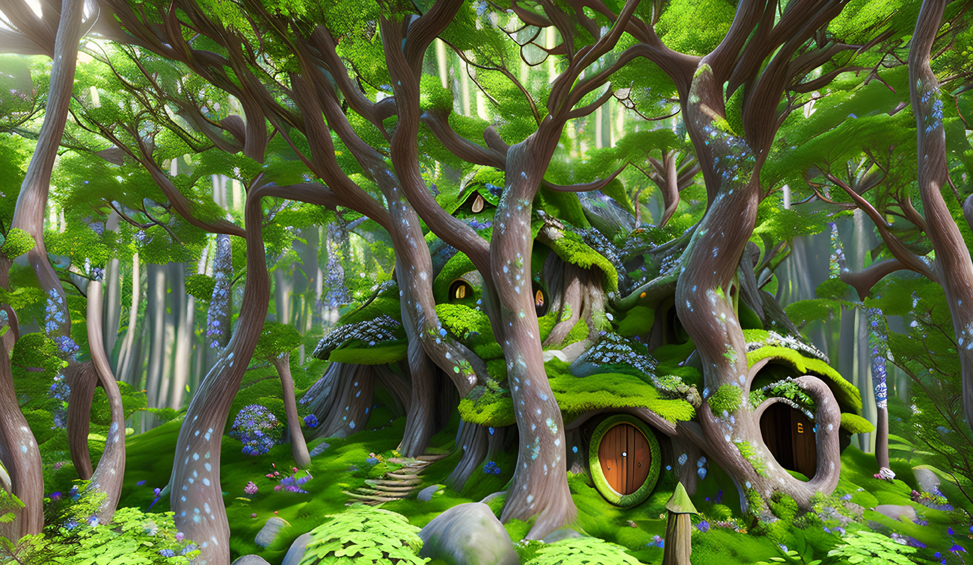 Fantasy forest with twisted trees, whimsical treehouses, and glowing blue mushrooms