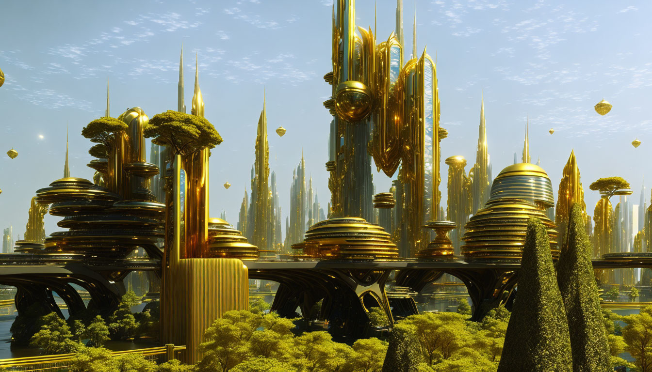 Futuristic cityscape with golden skyscrapers and floating geometric shapes