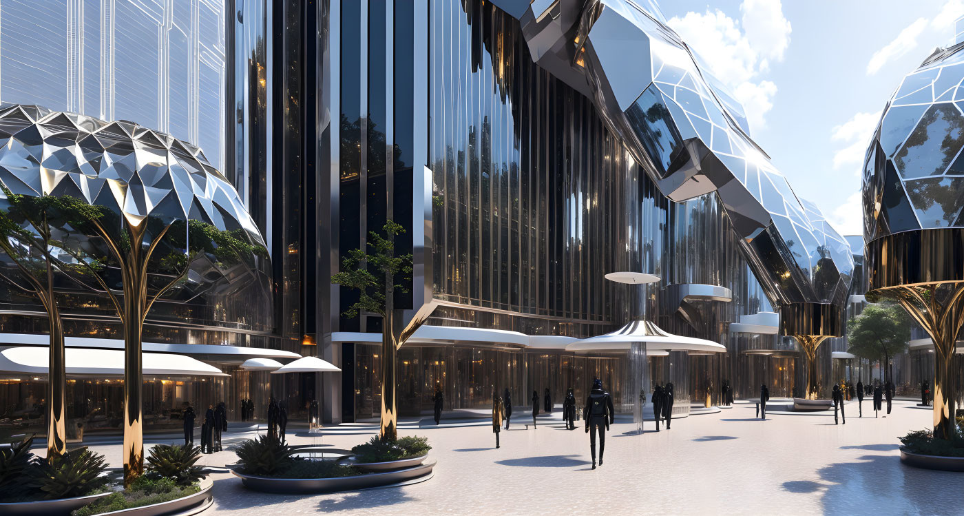 Modern urban plaza with futuristic buildings and geometric designs