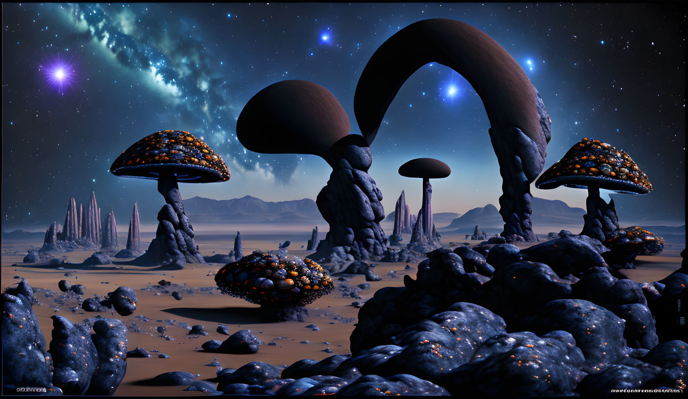 Alien landscape: Nighttime scene with mushroom structures & glowing sky