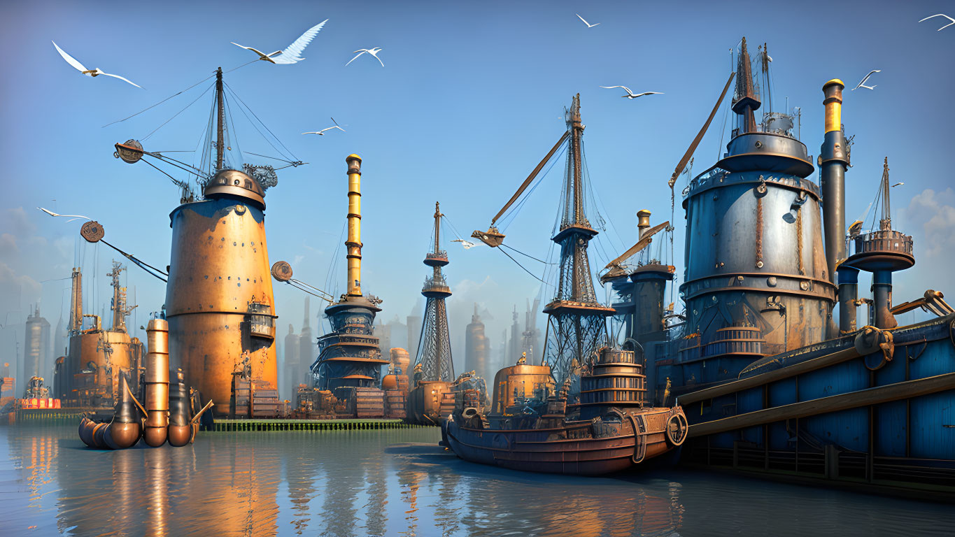 Steampunk-style harbor scene with towers, cranes, boat, and seagulls in clear