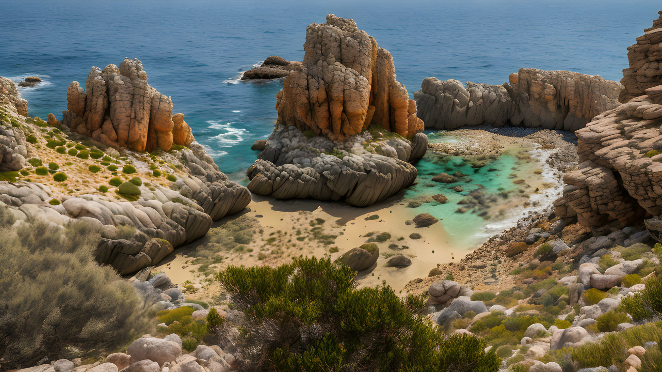 Secluded Beach with Towering Rock Formations and Turquoise Waters