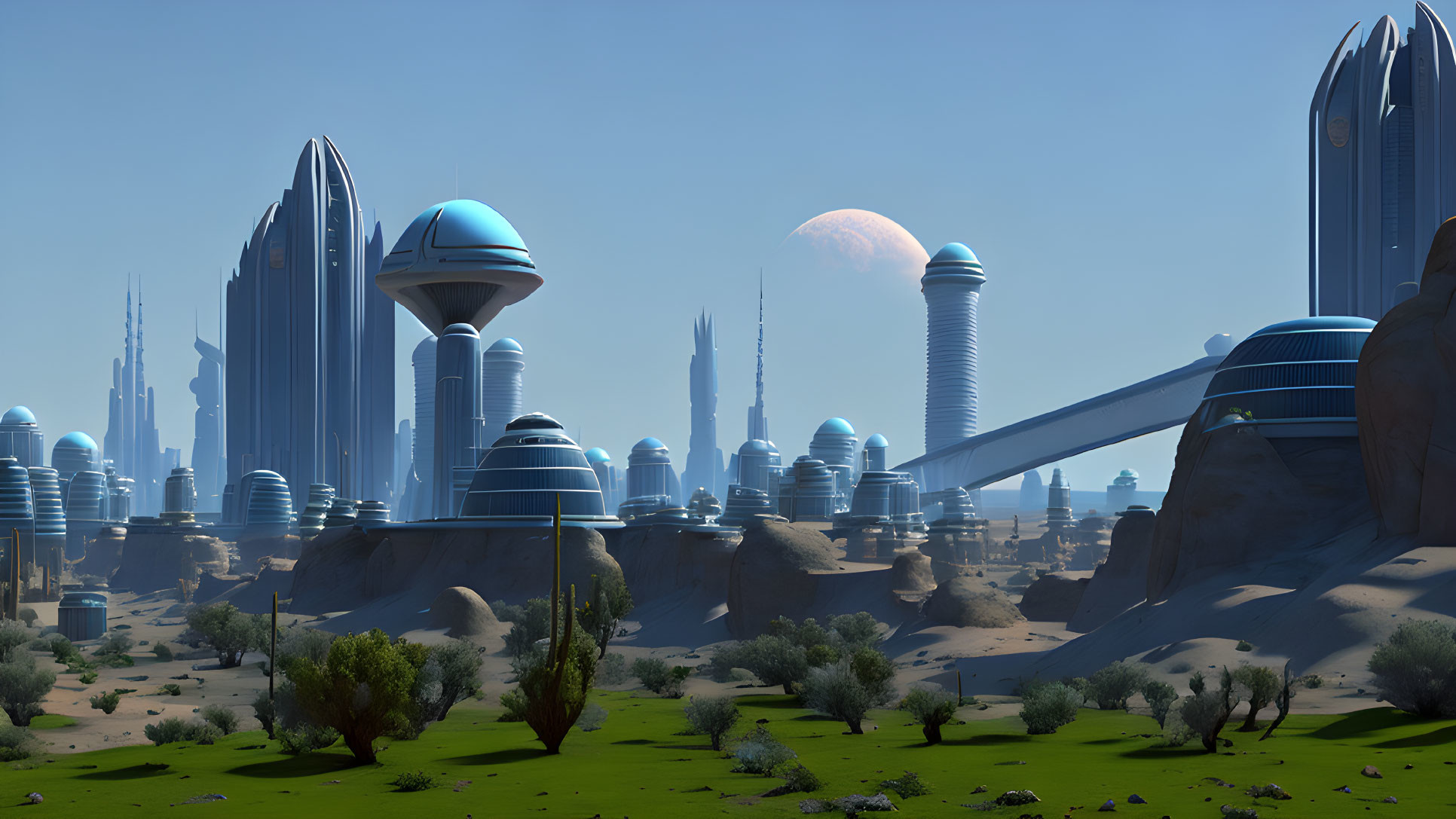 Futuristic cityscape with blue towers in desert setting with distant planet.