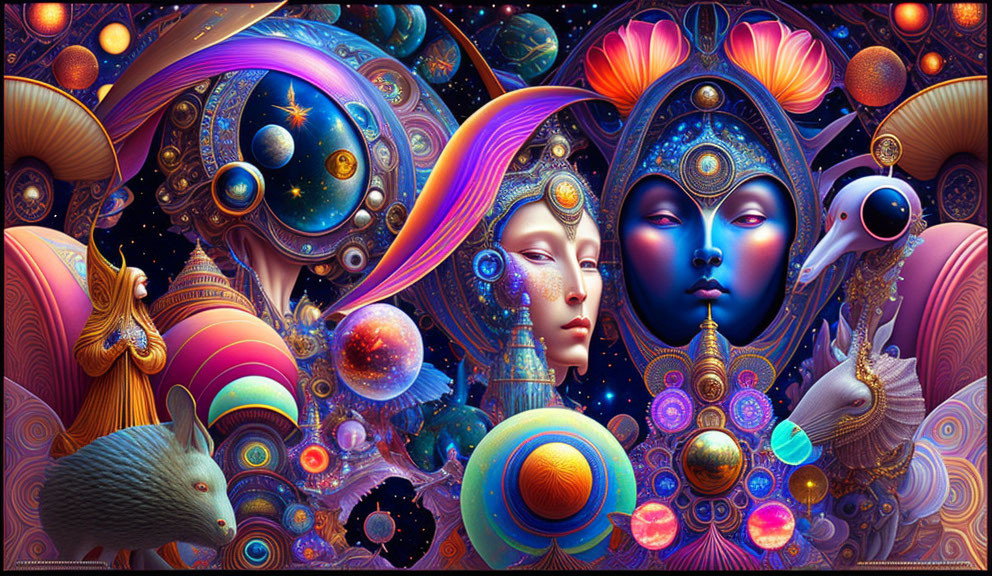 Cosmic-themed digital artwork with ethereal faces, planets, stars, and fantastical creatures