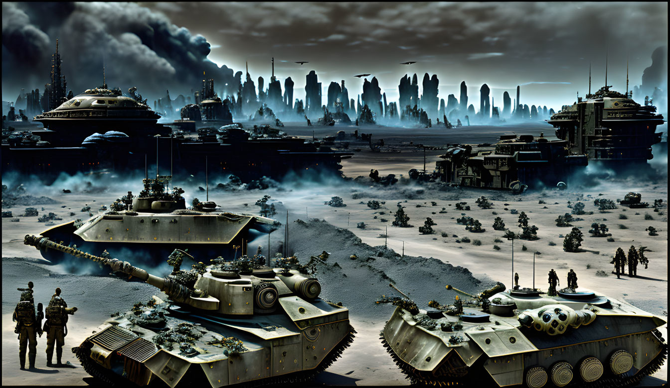 Futuristic battlefield with tanks, soldiers, and complex structures