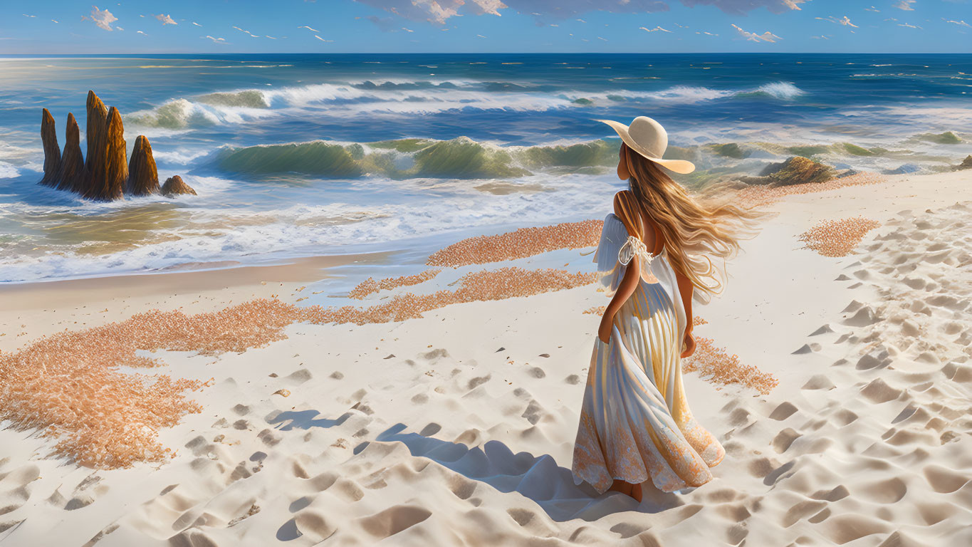 Woman in flowing dress and sunhat on sandy beach with sea and clear sky