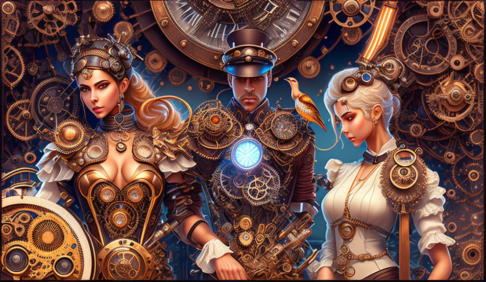 Three people in steampunk costumes with fantasy elements and mechanical gears.