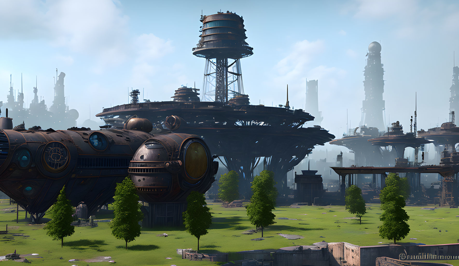 Futuristic cityscape with industrial towers, flying ships, and green fields