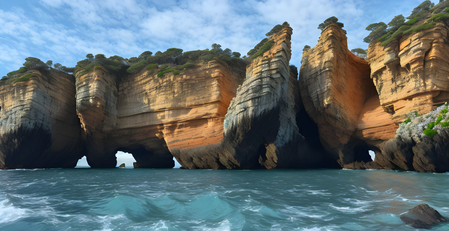 Majestic sandstone cliffs with eroded arches by turquoise sea