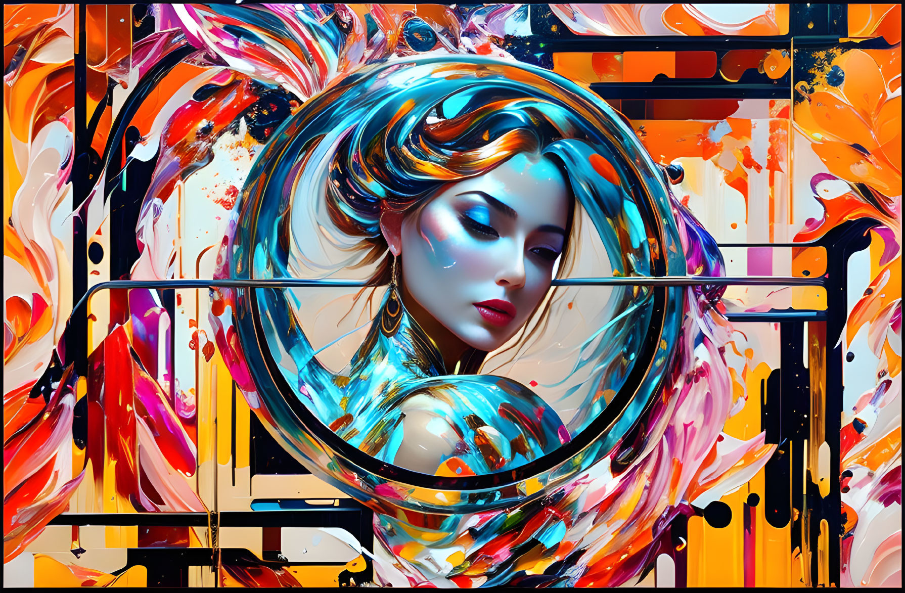 Colorful Abstract Digital Art: Stylized Woman's Portrait with Swirling Hair