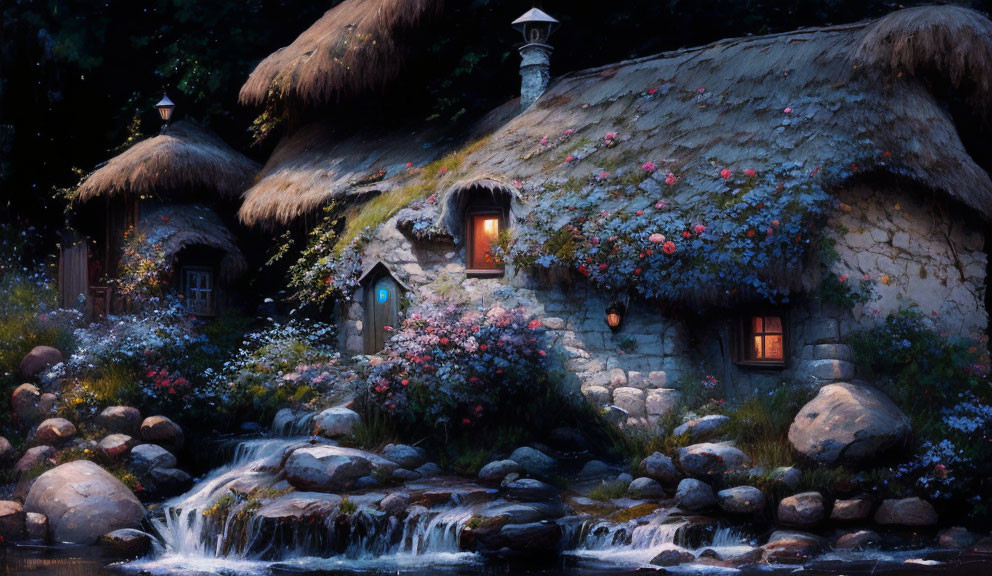 Twilight fairy-tale cottage with thatched roofs and blooming flowers by a gentle stream