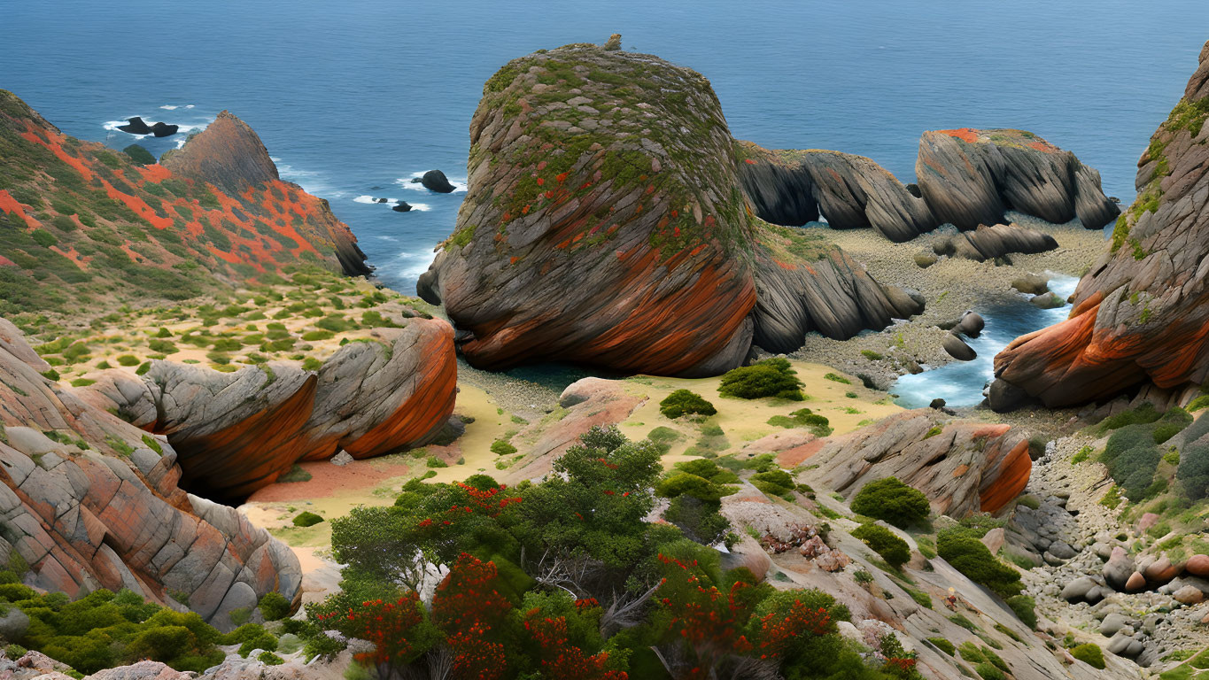 Scenic rugged coastline with orange and red rock formations