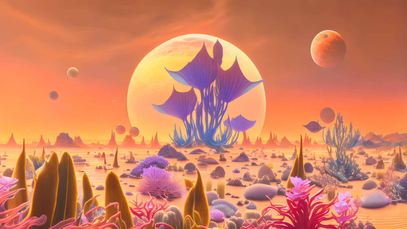 Exotic alien landscape with vibrant flora, moons, planet, and orange sky