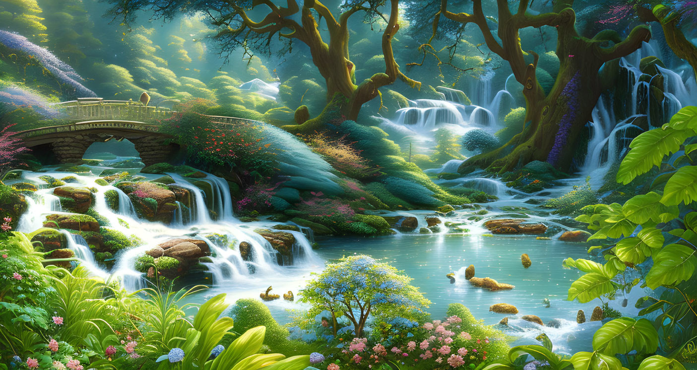 Lush forest with waterfalls, flowers, stone bridge, sunlight beams